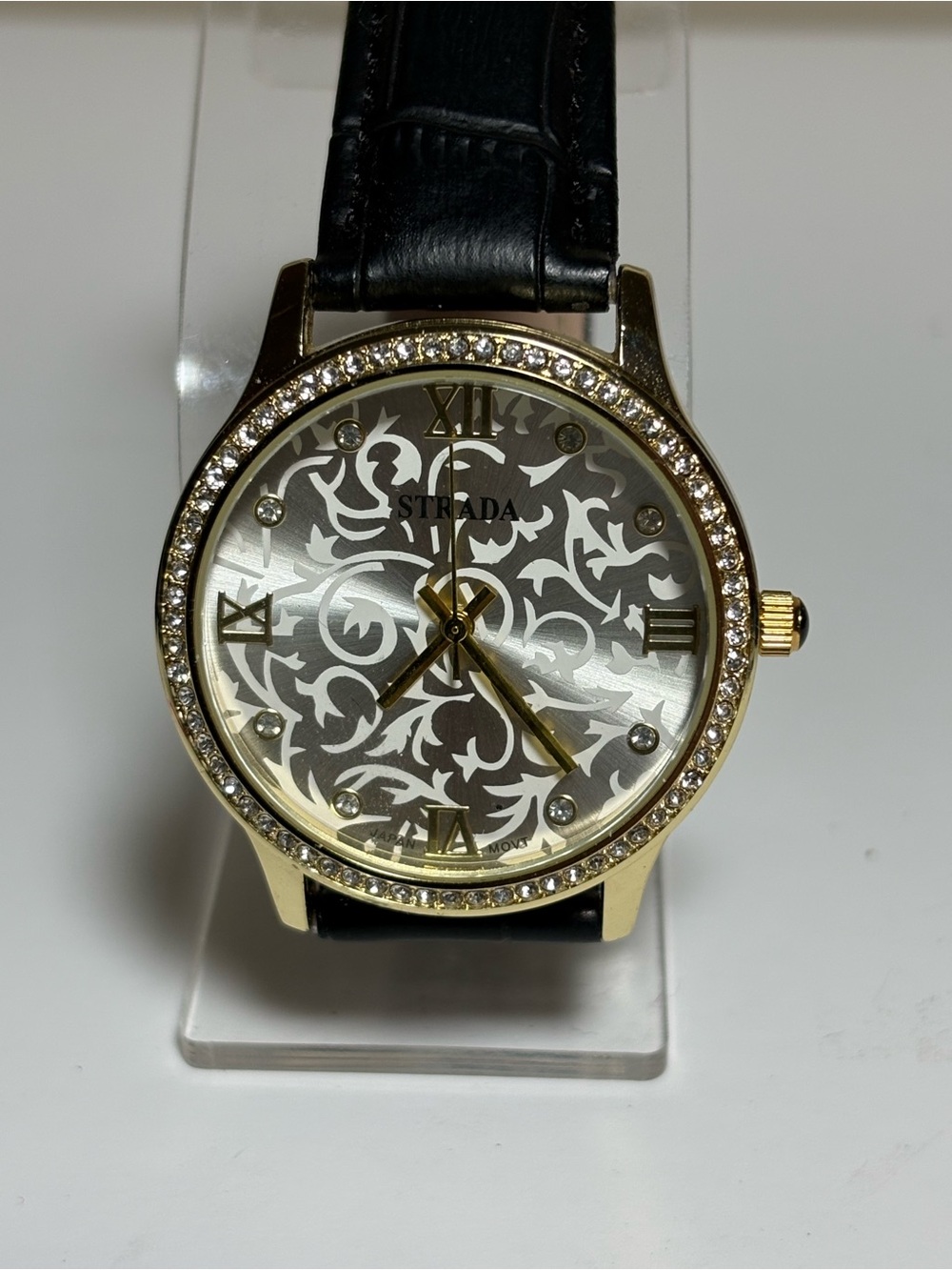 Strada Gold-Tone Crystal Bezel Watch with Black Strap